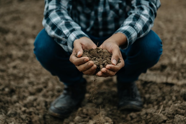 Foto agricultor oldman segurando o solo nas mãos em conchaxa