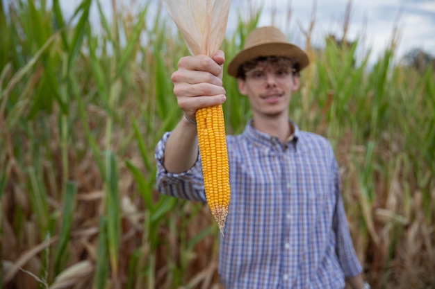 Agricultor orgulhoso exibe alegremente o fruto de seu trabalho árduo uma enorme espiga de milho