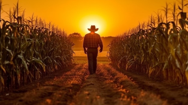 Agricultor paseando entre maizales al atardecer GENERAR IA