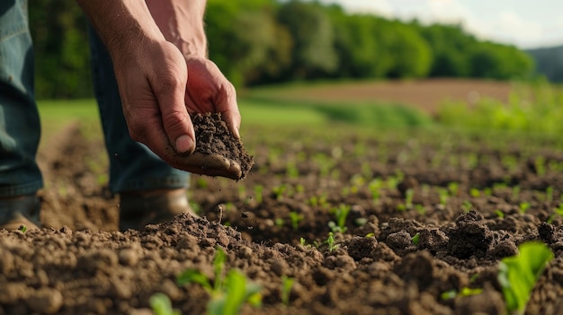 Un agricultor de pie en un campo con un puñado de tierra destacando la importancia de la sostenibilidad