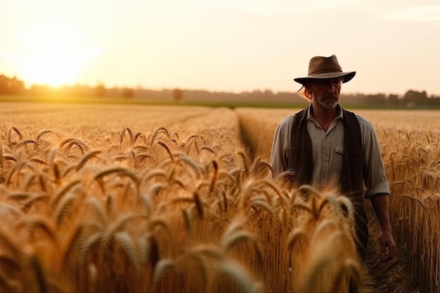 un agricultor de pie en un campo de trigo en la agricultura al atardecer