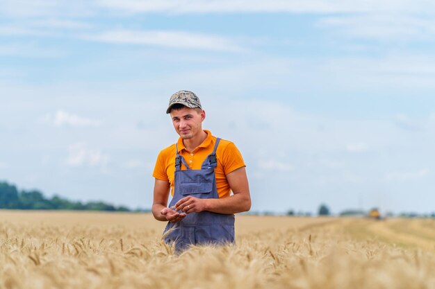 Agricultor de pie en el campo de trigo mirando su cosecha