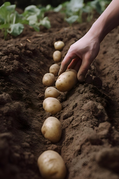 Foto un agricultor planta papas en el suelo ia generativa