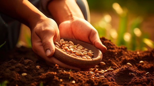 El agricultor planta semillas en el jardín IA generativa naturaleza