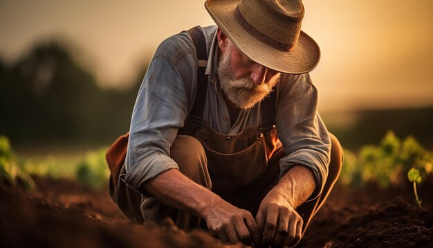 un agricultor plantando en los campos