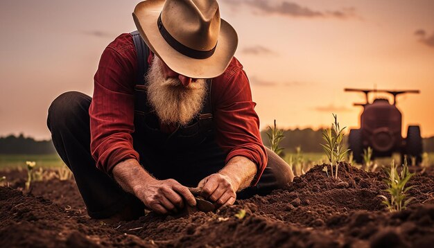 Foto un agricultor plantando en los campos