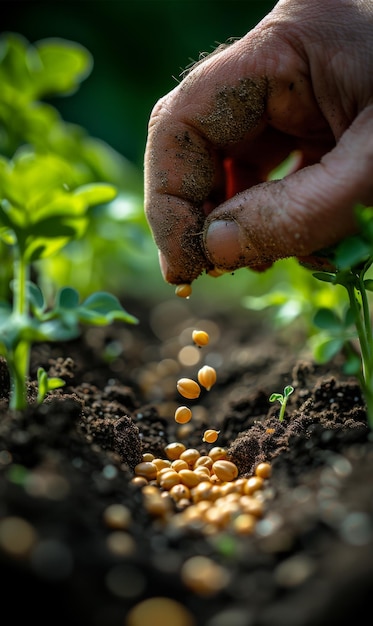 Agricultor plantando manualmente sementes de soja no jardim de legumes