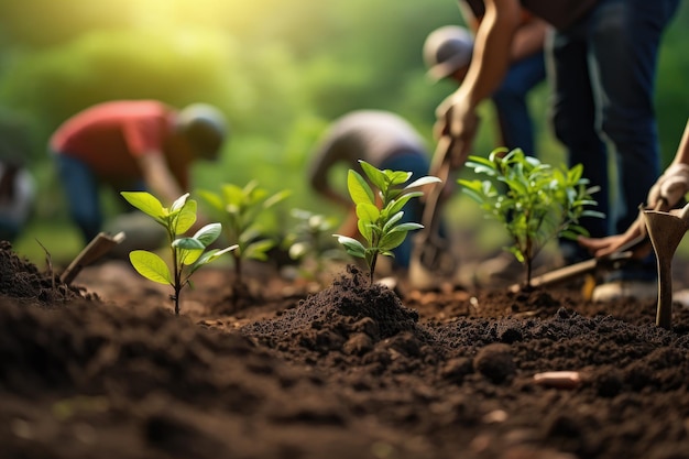 Agricultor plantando mudas em solo fértil para reduzir o aquecimento global Um grupo de pessoas planta mudas no chão em um close-up AI Gerado