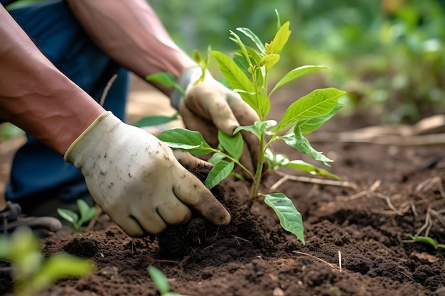 Agricultor plantando mudas no chão