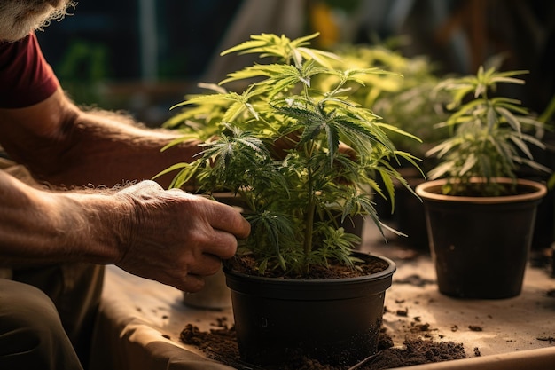 Agricultor plantando planta de cannabis en tierra IA generativa