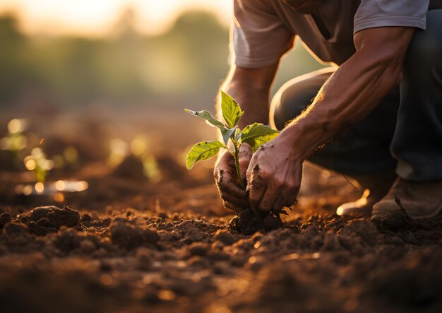 Agricultor plantando plántulas en el huerto al atardecer