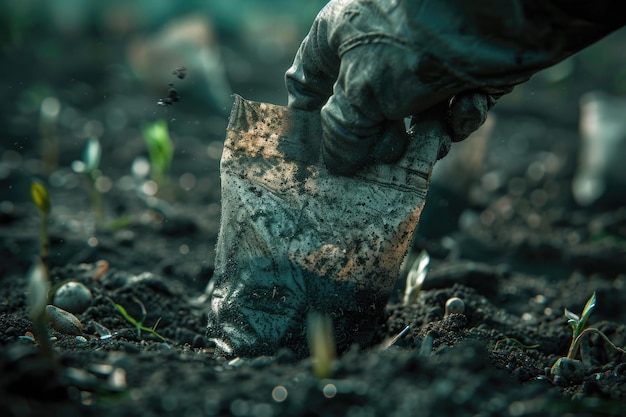 Foto agricultor plantando sementes em solo fértil para hortelã