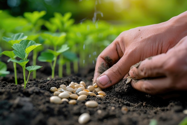 Agricultor plantando sementes para trabalhos agrícolas sazonais em jardins suburbanos