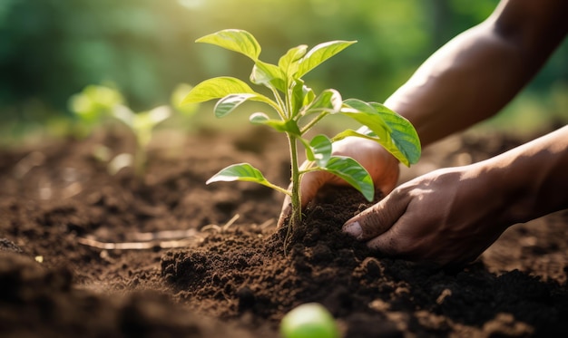 Agricultor plantando uma muda no jardim ao pôr do sol conceito de agricultura