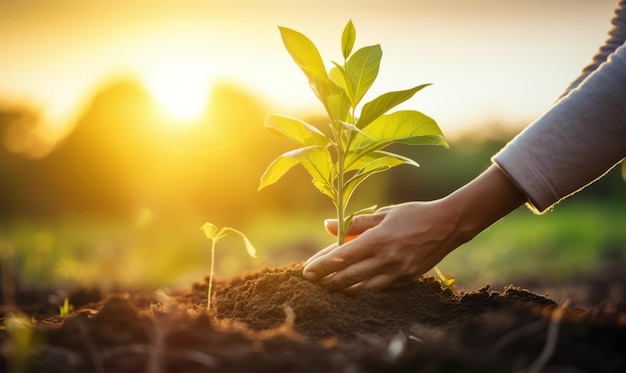 Agricultor plantando uma muda no jardim ao pôr do sol conceito de agricultura