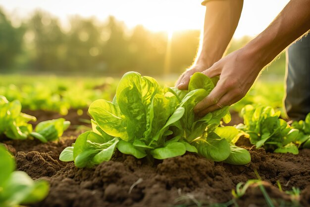 Agricultor plantando verduras de cerca y recogiendo lechuga en el campo