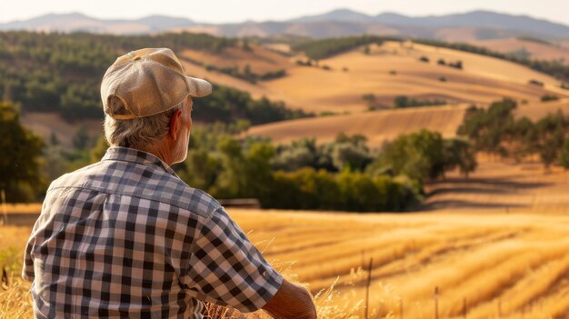 Foto agricultor preocupado mirando sobre un campo seco ansiedad climática el peso de la naturaleza