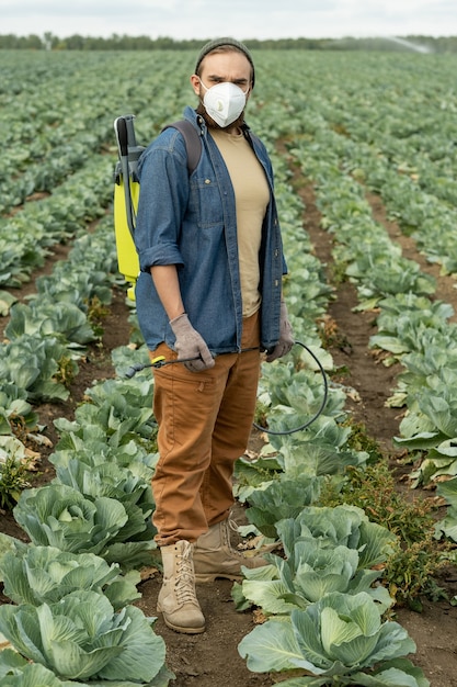 Agricultor con pulverizador de pie en el campo de coles