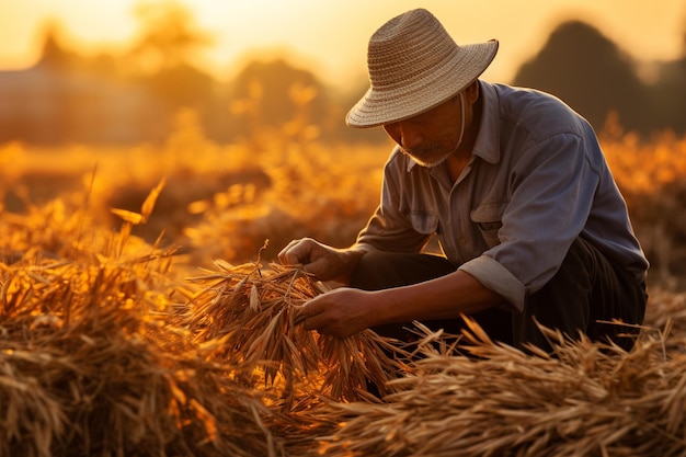 Agricultor que colhe arroz em plantas de campo em cor dourada ao pôr do sol trabalha na plantação na Ásia