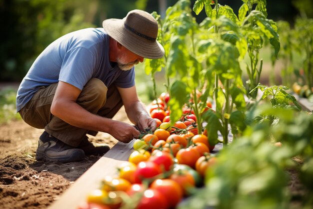 Agricultor que cuida cuidadosamente las filas de verduras de colores en un vibrante jardín orgánico IA generativa