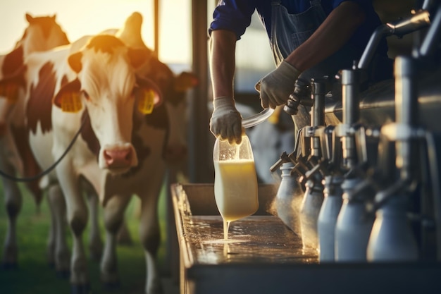 Foto agricultor que ordenha leite cru na exploração leiteira