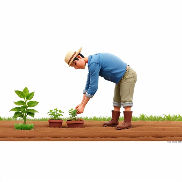 Foto agricultor que planta uma pequena planta no solo isolado