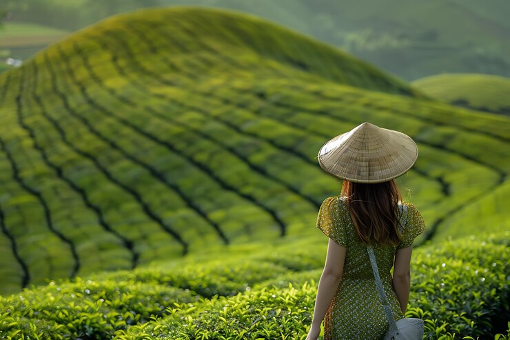 agricultor que trabaja en el campo de la plantación de té