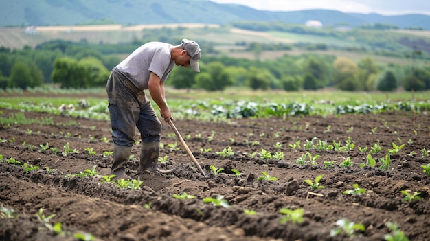 Agricultor que utiliza una pala para cultivar el suelo para plantar patatas