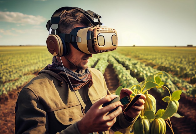 Foto agricultor en realidad virtual casco frente a un paisaje agrícola al atardecer hombre en un campo de campo vida rural producción de alimentos concepto de agricultura y tecnología