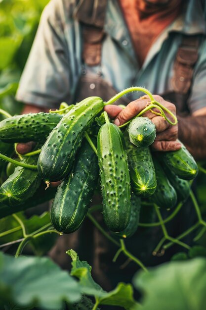 Foto el agricultor recoge pepinos enfoque selectivo