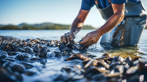 Un agricultor recogiendo a mano mejillones frescos de las líneas de cultivo en una zona costera prístina