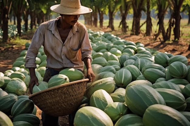 Agricultor recogiendo melones en un campo Cosecha y concepto agrícola
