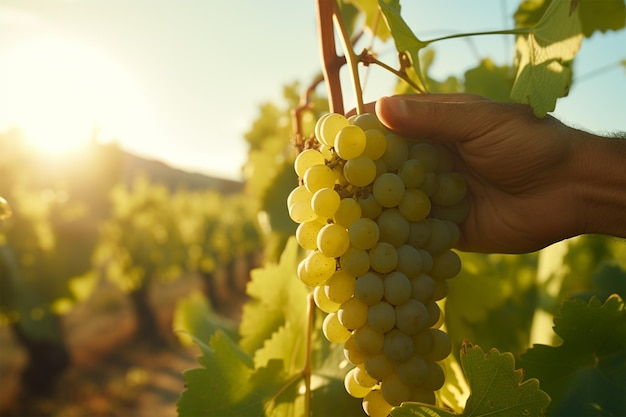 Agricultor recogiendo uvas en las temporadas de cosecha generadas por la IA