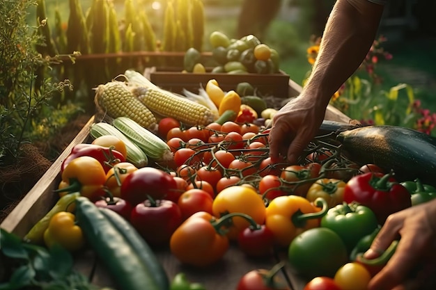 Agricultor recogiendo verduras imagen de puesta de sol verduras cercanas frutas frescas y saludables