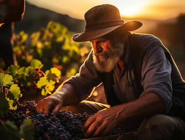 Agricultor recolhendo uvas na estação de colheita