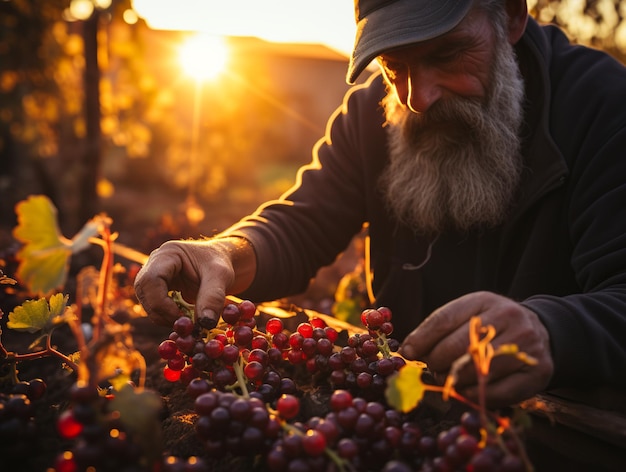 Agricultor recolhendo uvas na estação de colheita