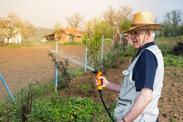 Agricultor regando as culturas