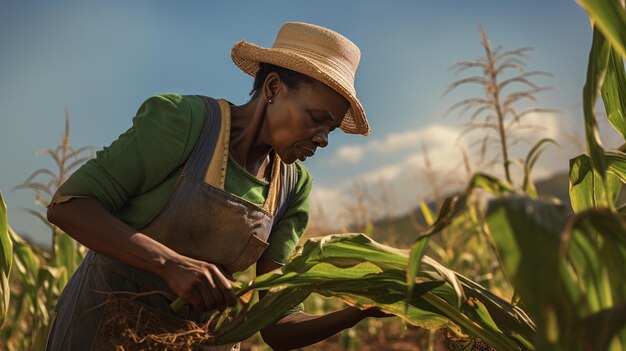 Agricultor revisa brotes de maíz