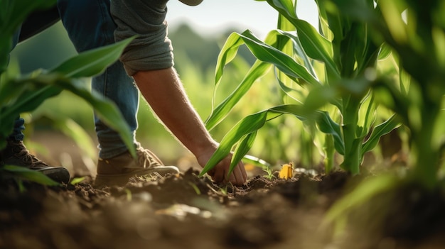 Agricultor revisa brotes de maíz