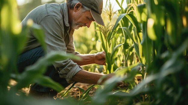 Agricultor revisa brotes de maíz