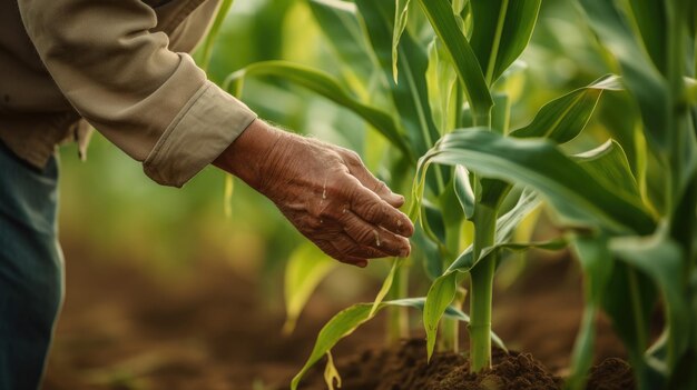 Agricultor revisa brotes de maíz