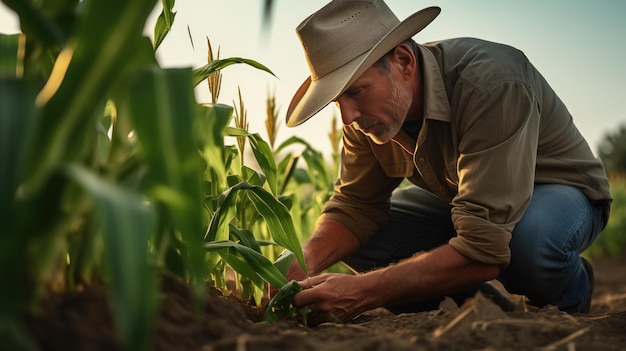 Agricultor revisa brotes de maíz