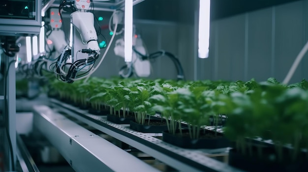 Agricultor robótico inteligente observa e verifica o crescimento da planta gerada por IA