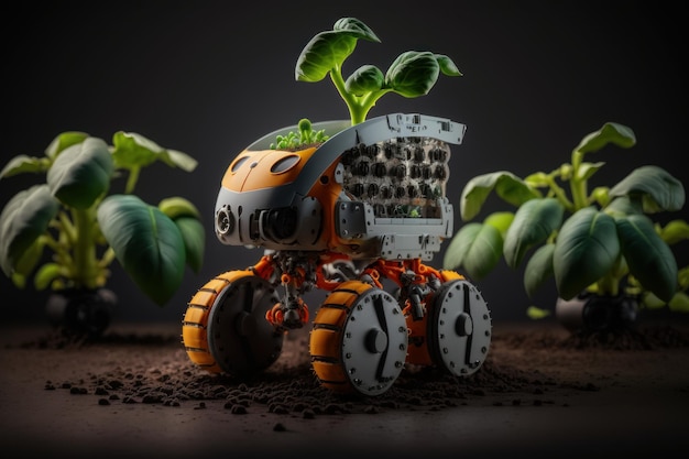 Agricultor robótico inteligente observa e verifica o crescimento da planta Tecnologia agrícola criada Generative Ai