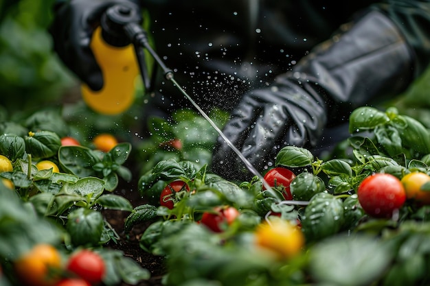 Agricultor rociando plantas verdes de verduras en el jardín con herbicidas, pesticidas o insecticidas