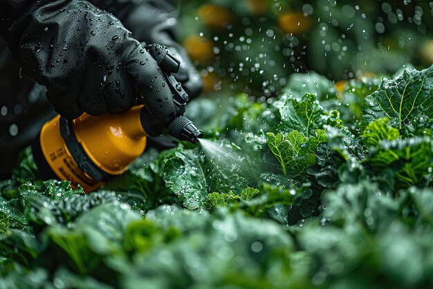 Agricultor rociando plantas verdes de verduras en el jardín con herbicidas, pesticidas o insecticidas