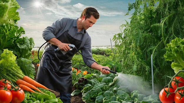 Agricultor rociando verduras en el jardín con herbicidas hombre con un delantal negro