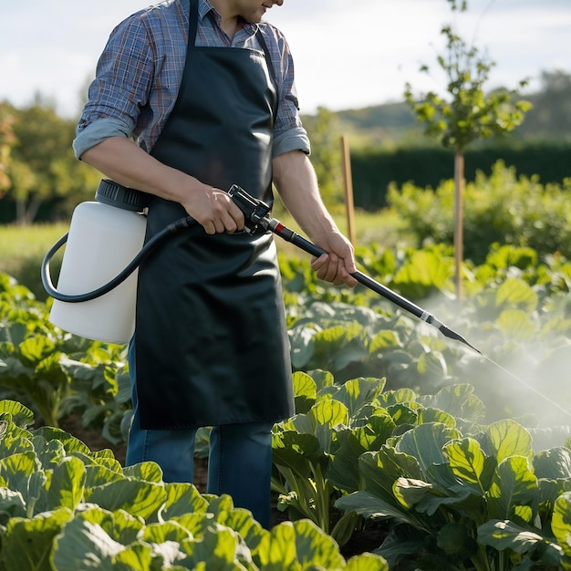 Foto agricultor rociando verduras en el jardín con herbicidas hombre con un delantal negro