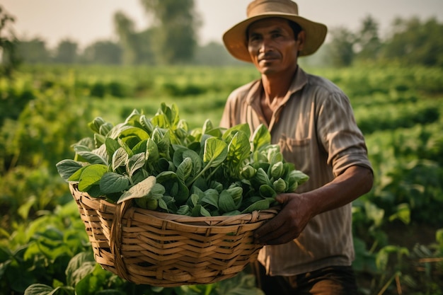 Agricultor rural asiático carregando uma cesta cheia de colheitas