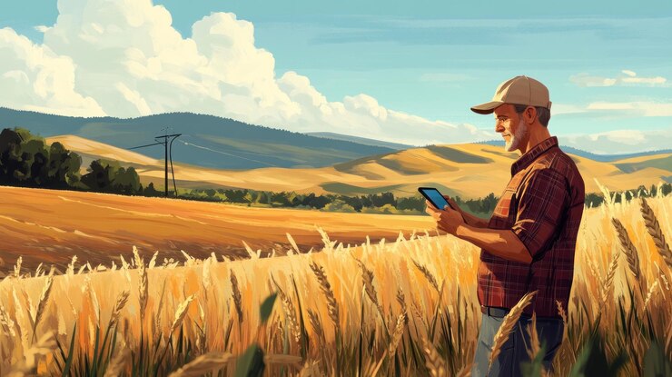 Agricultor rural usando tableta en el campo de trigo dorado hermoso paisaje